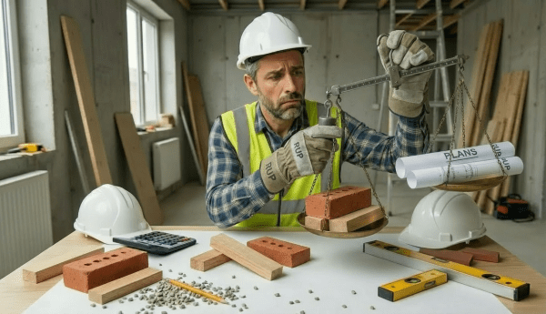 Stressed worker weighing bricks and lumber against blueprints on a vintage balance scale.