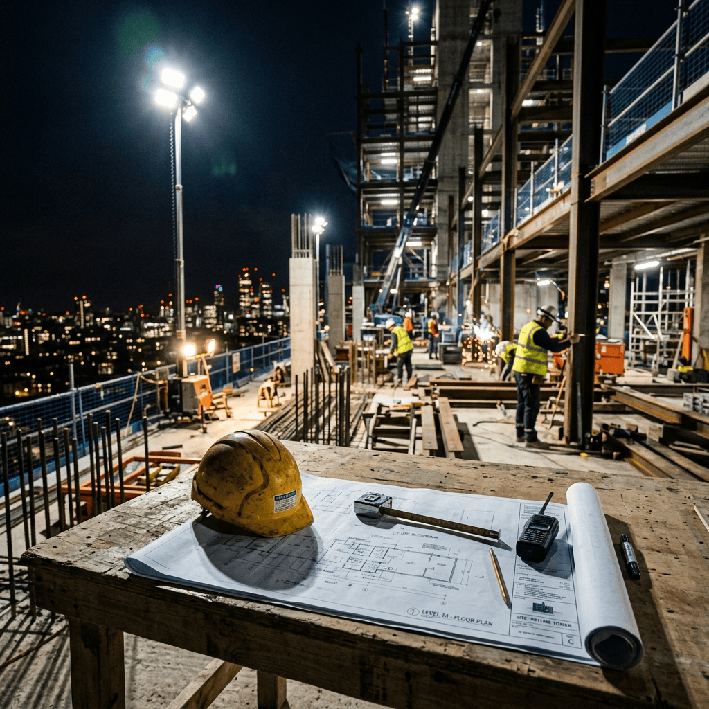 Construction site at night with workers, steel framework, and architectural plans on table
