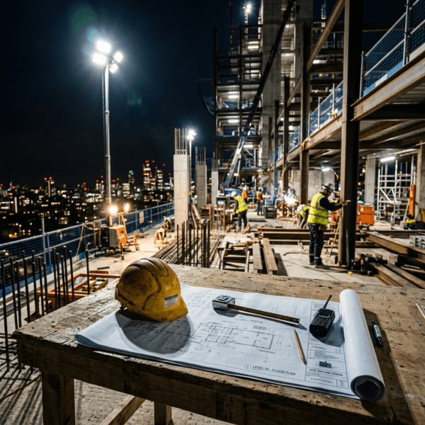 Construction site at night with workers, steel framework, and architectural plans on table
